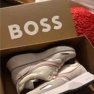 Boss Cream Sneakers with Pink Trim